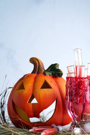 Halloween bloody glass with test tubes of tomato juice and with pumpkin jack . Party drinks on dry grassの写真素材