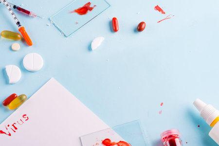 Syringes, pills And Test Tube With Blood on a blue background with white paper and the inscription...