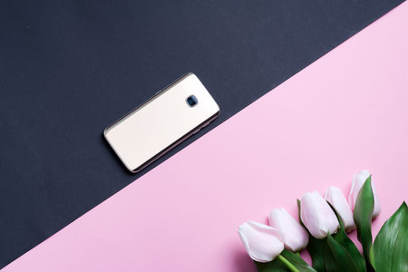 Greeting card with mobile phone and spring pink tulips flower on a duotone diagonal background.