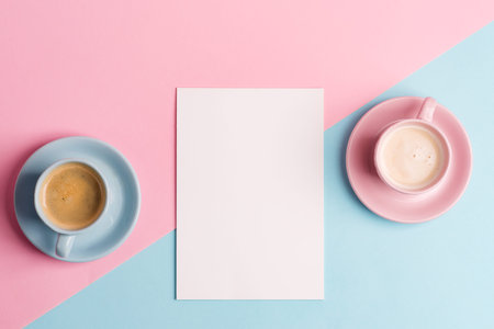 Decorative composition from two ceramic cups of freshly brewed aromatic coffee drink on a pastel...