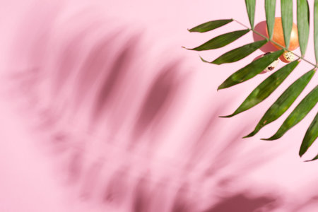 Congratulation background with handmade painted golden chicken and quail eggs under tropical exotic green twig and big shadows from it on a pastel pink background. Top view. Happy Easter concept.の写真素材