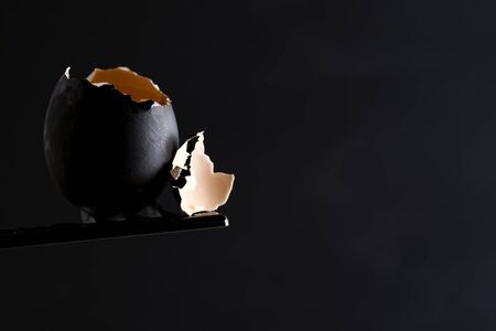 Black painted broken raw egg with fresh yellow yolkの写真素材