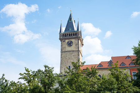 Prague, Czech Republic - 17.07.2018. Old astronomical clock on the bell tower on the background of...