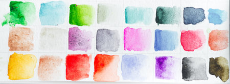 Multicolored pattern from watercolor paints on a white paper background. Watercolour tender shades backdrop.の写真素材