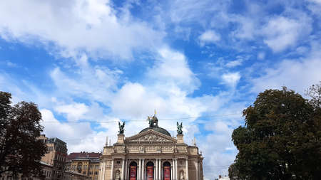 Lviv theatre of opera and ballet exterior. The central sculpture is Victory, left one is Music, right figure is Comedy and Drama.のeditorial素材