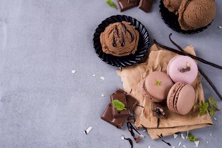 Chocolate macaroons with ice creamの写真素材