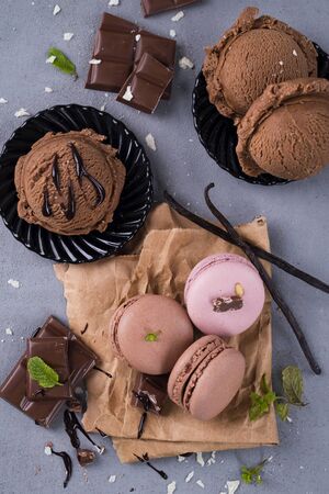 Chocolate macaroons with ice cream mint leaves and chunks of chocolate flat layの写真素材
