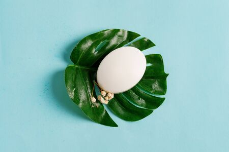 White soap bar on green palm leaf with white flowers.の写真素材