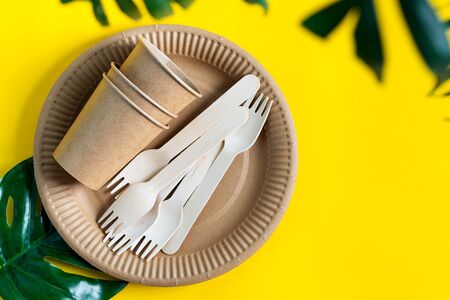 Wooden and paper kitchenware empty reusable disposable eco-friendly utensils - plates, cups and forks on a yellow background with tropical green leaf, copy space. Top view.の写真素材