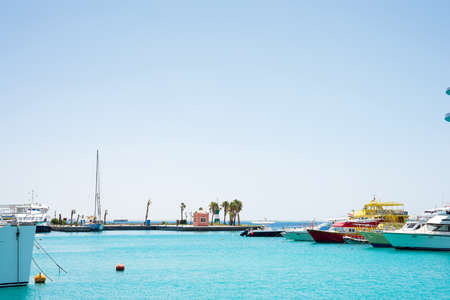 Seascape with parking and anchored boats and ships.の写真素材