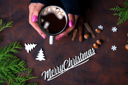 female hand holding cup of hot cocoaの写真素材