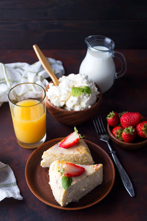 Breakfast table with healthy tasty ingredients.の写真素材