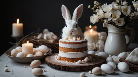 White fluffy Easter bunny with natural eggs in a rustic setting.の素材