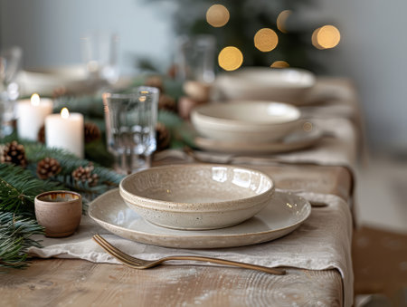 Festive rustic table with candlesの素材