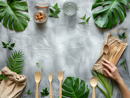 Bamboo cutlery set with herbs flatlayの素材