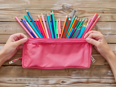 Pencil case with hands on wooden deskの素材