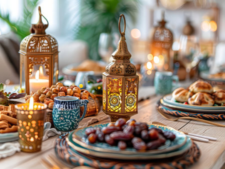 Festive oriental table with lantern and traditional sweetsの素材