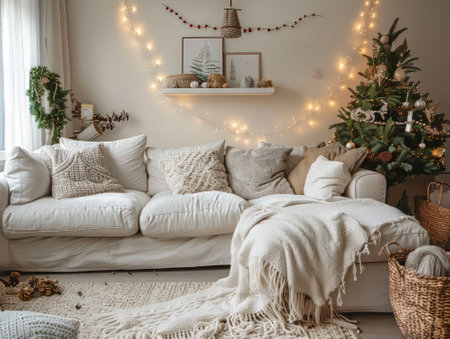 Cozy Christmas Living Room Interior with White Sofa and Fairy Lightsの素材