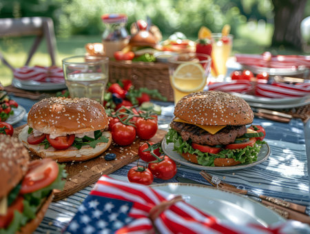 Outdoor Picnic with Burgers and American Decorの素材