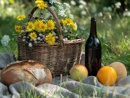 Rustic Picnic Scene with Bread, Fruit and Flowersの素材