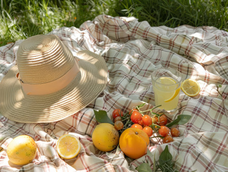 Summer Picnic with Straw Hat, Lemonade and Tomatoesの素材