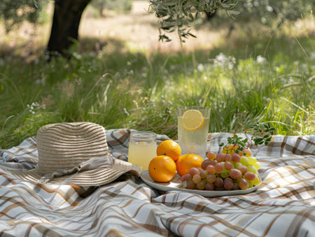 Summer Picnic with Straw Hat, Lemonade and Tomatoesの素材