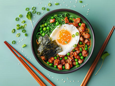 Asian Fusion Bowl with Egg, Salmon, Noodles and Vegetablesの素材