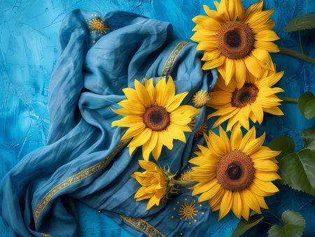 Sunflowers on Blue Fabric Backgroundの素材