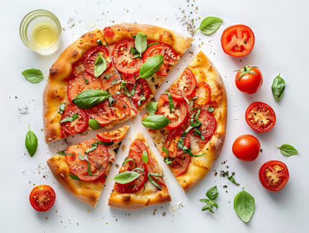 Fresh Tomato Basil Pizza on White Backgroundの素材