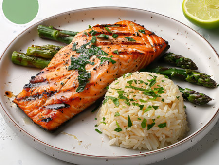 Grilled Salmon with Rice and Asparagusの素材