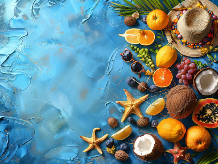 Summer Flatlay with Fruits, Sunglasses and Straw Hat on Blue Artistic Backgroundの素材