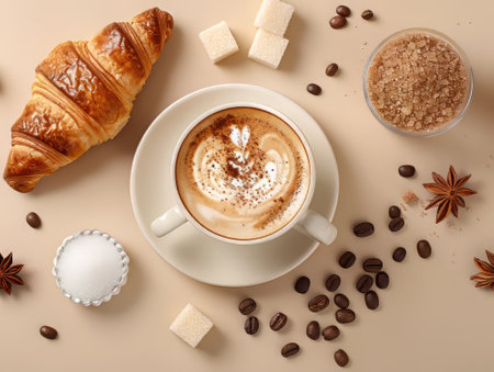 Croissants and coffee with sugar cubesの素材