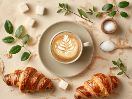 Coffee and croissants flatlayの素材