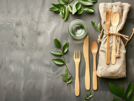 Green herbs and eco kitchen set on textured backgroundの素材