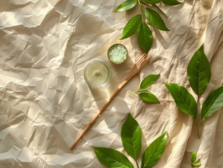 Natural light kitchen scene with leaves and jarsの素材
