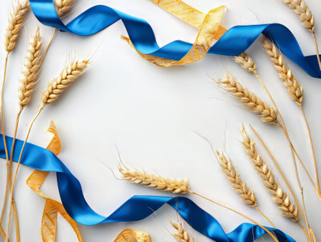 Wheat ears with yellow and blue ribbonの素材