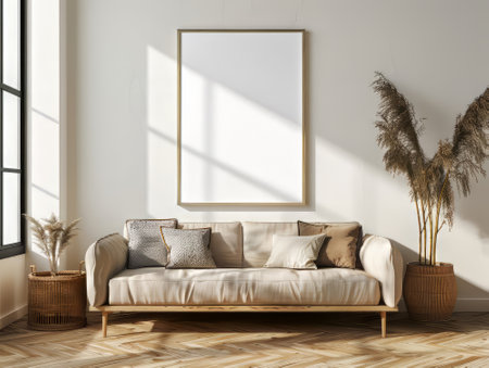 Modern beige sofa with pillows in cozy minimalist interiorの素材