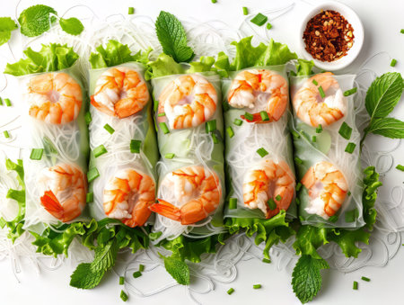 Fresh spring rolls with shrimp and herbs on white backgroundの素材