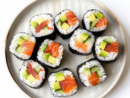 Sushi rolls with salmon, avocado and cucumberの素材