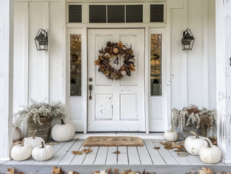 White farmhouse porch with pumpkins and fall wreathの素材