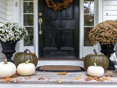 Autumn front porch with black door and white pumpkinsの素材