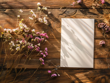 Rustic blank card with pink dried flowers and shadowsの素材