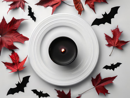 Black candle with bats and autumn leaves on backgroundの素材
