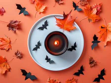 Black candle with bats and autumn leaves on orange backgroundの素材