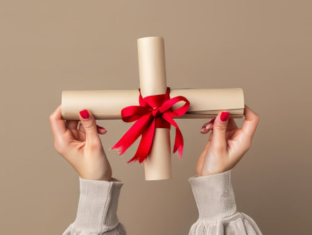 Scroll with red ribbon in hands on backgroundの素材