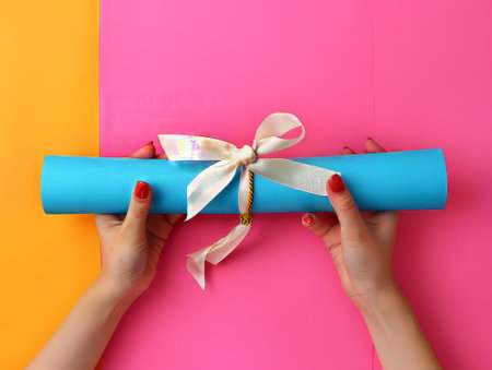 Scroll with red ribbon in hands on backgroundの素材