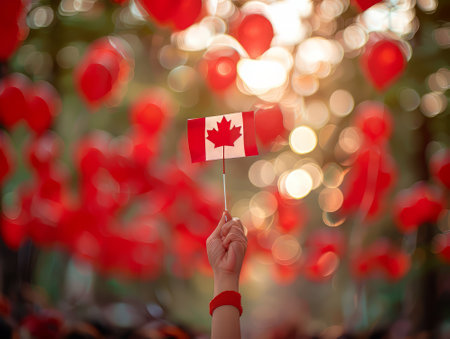 Hands holding Canada-themed balloon against red and white backgroundの素材