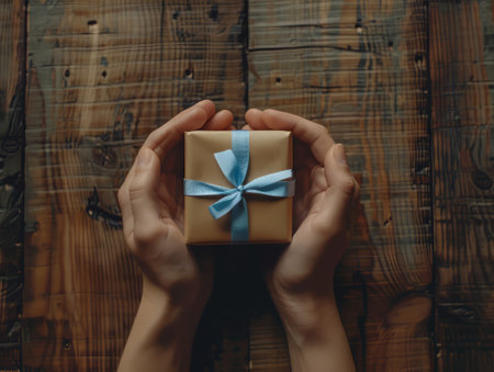 Hands holding a small golden gift box with blue ribbonの素材