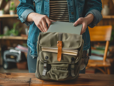 Woman packing notebook into green backpackの素材
