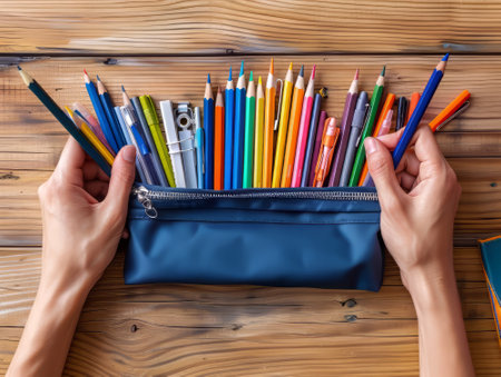 Pencil case with hands on wooden deskの素材